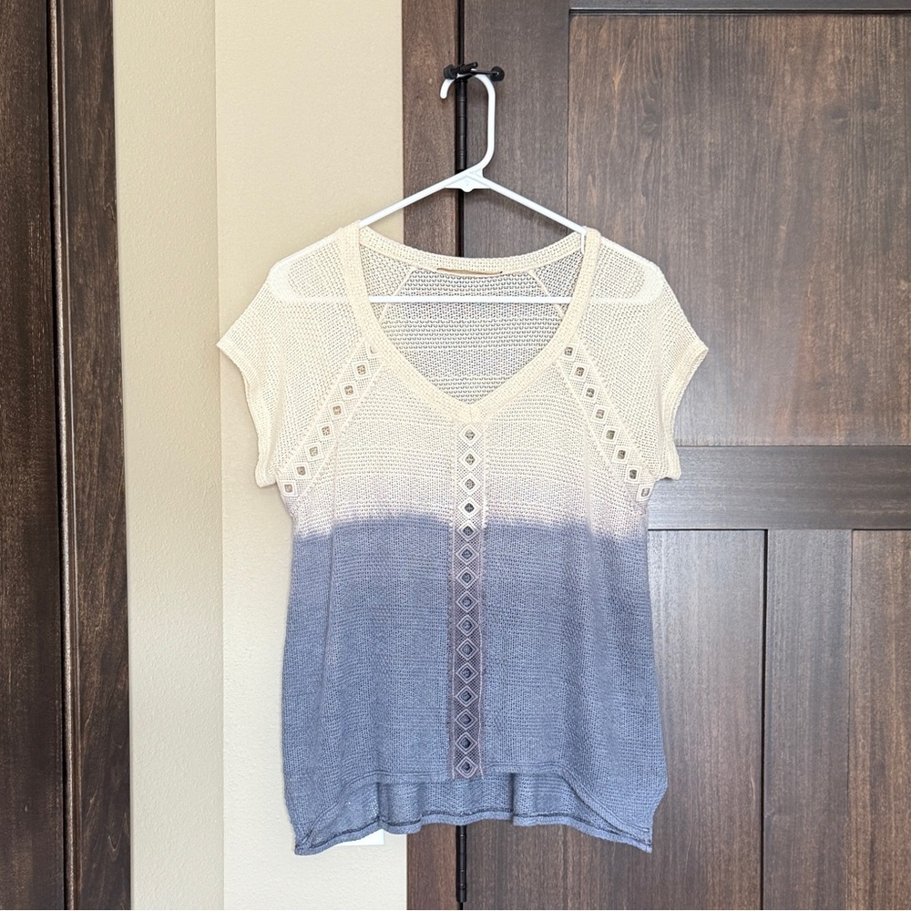 Anthropologie Everleigh Blue Cream Ombré Crochet Short Sleeve Blouse Size Medium